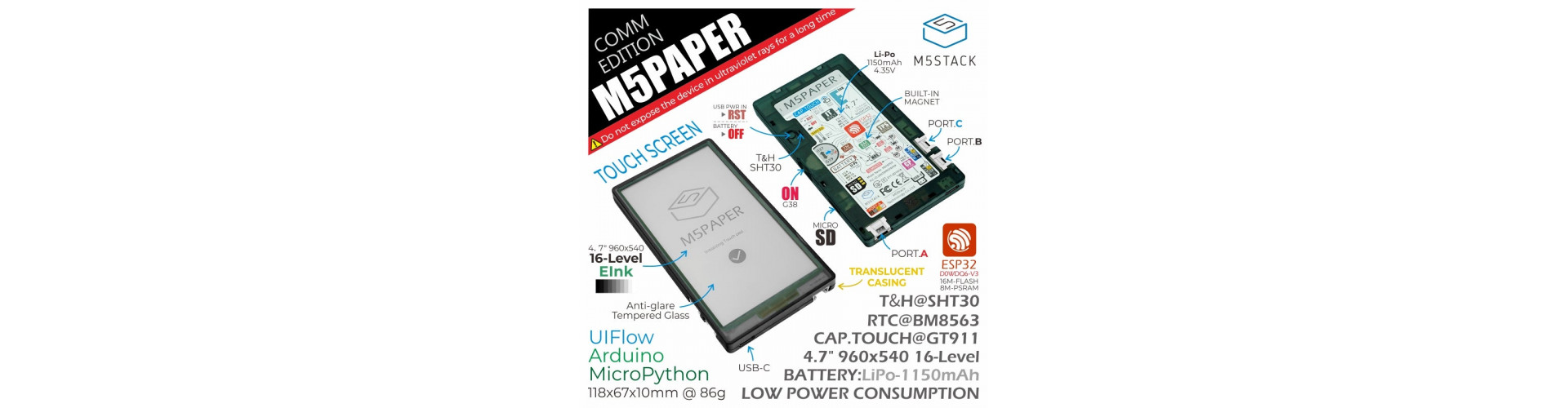 Работает на микроконтроллере ESP32 и стекируется с другими устройствами линейки M5